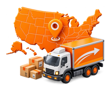 A delivery van beside a stacked carton.