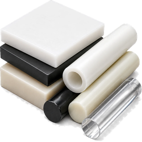 Plastic stock in plate, rod and tube, white through black.