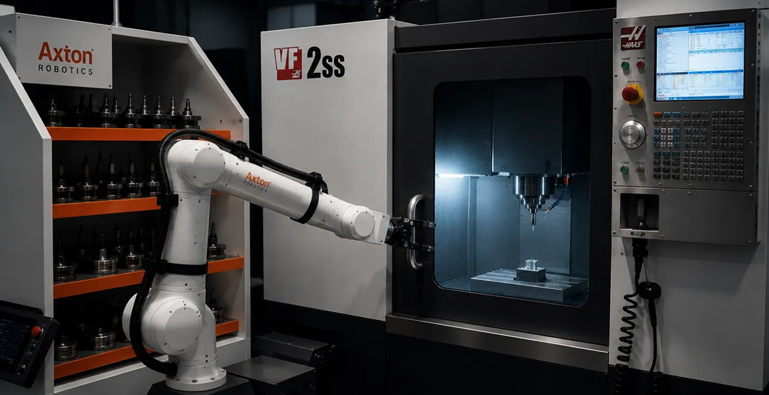 An Axton Robotics robotic arm loading a part into a Haas VF-2SS CNC mill beside a rack of tool holders.